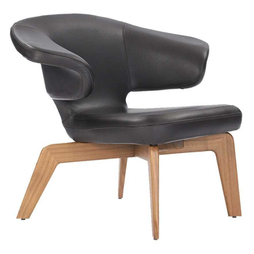 Munich fauteuil walnoot onderstel, zwart leer