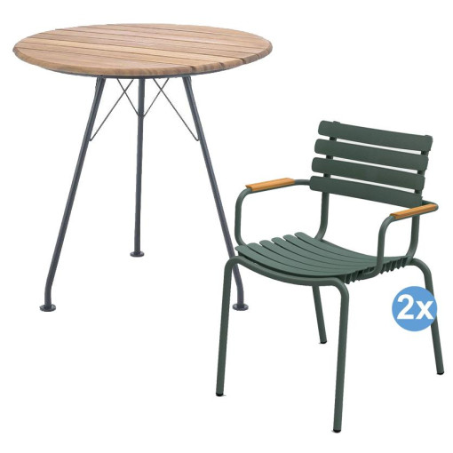 ReClips tuinset Circum tuintafel + 2 ReClips tuinstoelen met bamboe armleuning groen