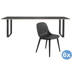 70/70 tafel 225 zwart eetkamerset + 6 Fiber side wood stoelen