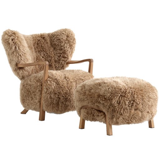 Wulff fauteuil & pouf eiken onderstel sheepskin honey