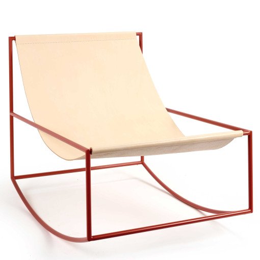 Rocking chair schommelstoel leer, onderstel rood staal