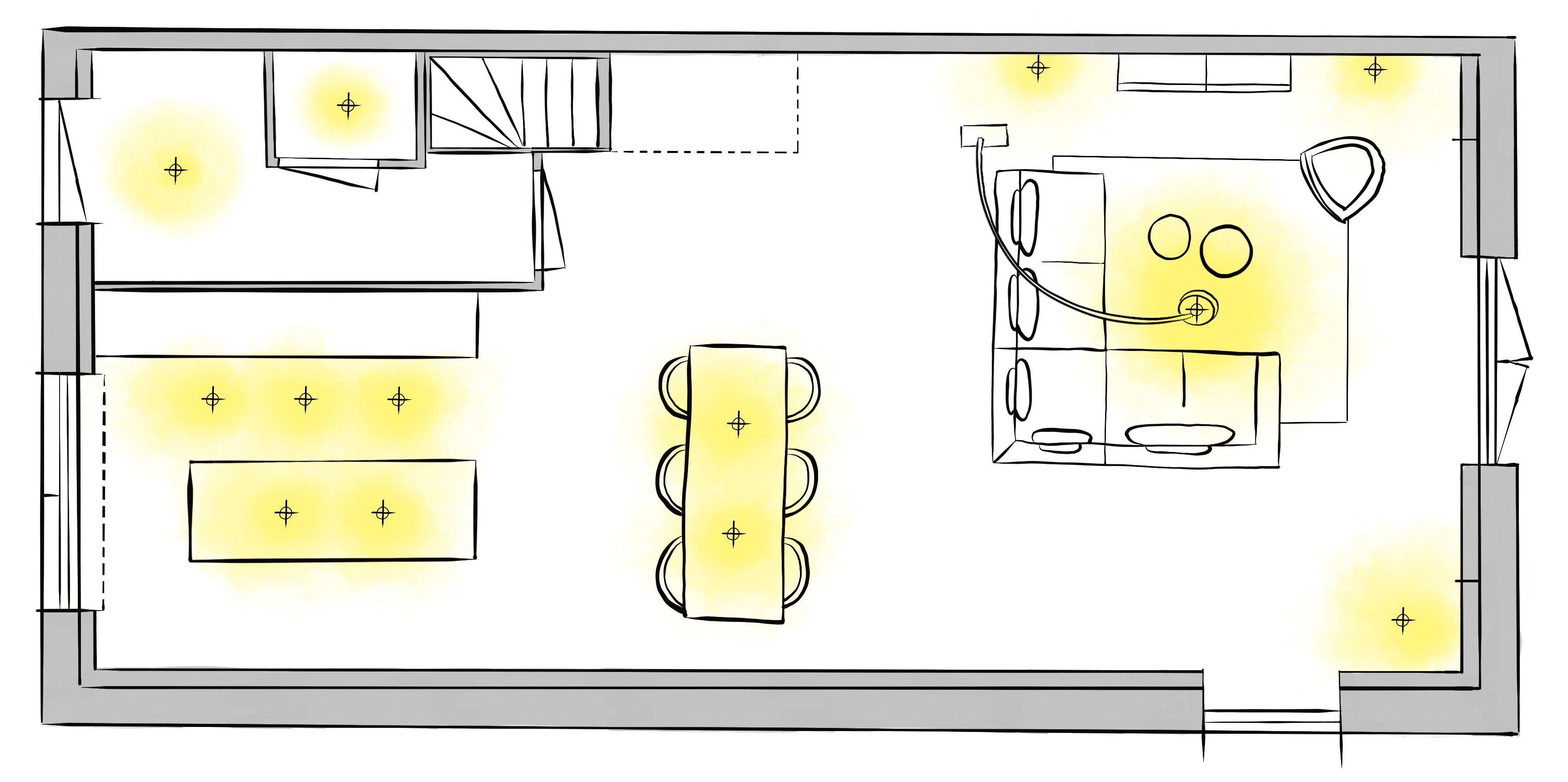 Een voorbeeld van een schets waarin overzichtelijk staat waar je meubels en verlichting komen en hoe deze ruimte eruitziet.